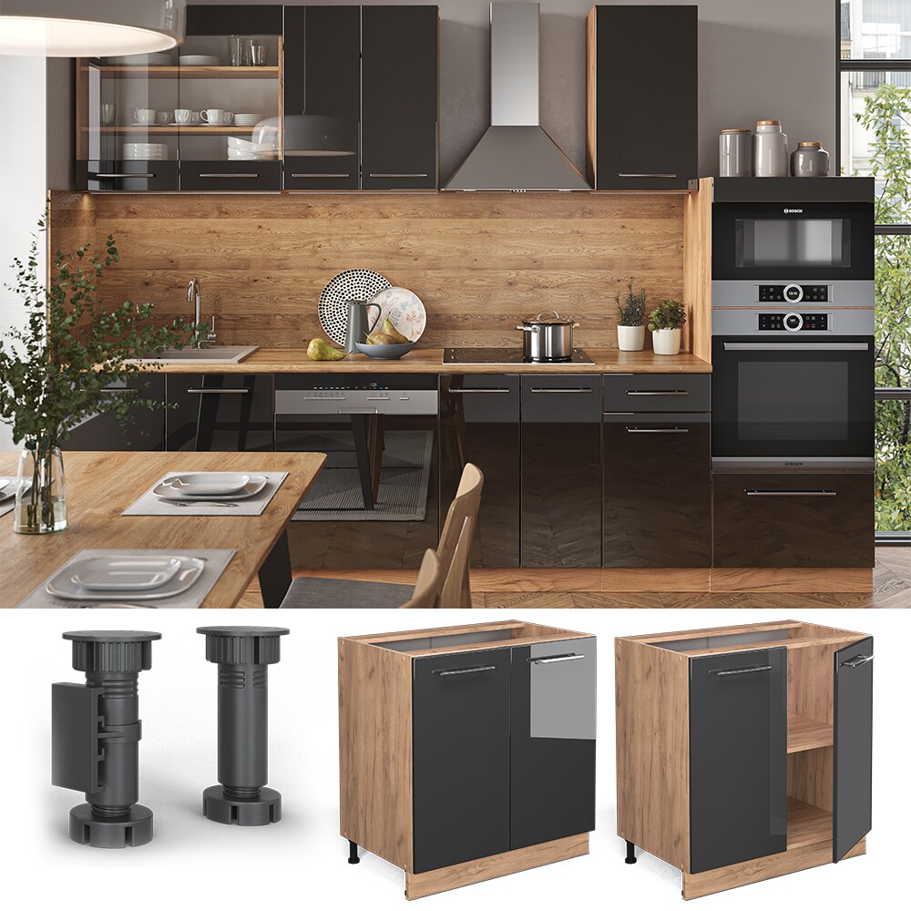 Vicco Unterschrank Küchenschrank Küchenmöbel Fame-Line Eiche Anthrazit modern 80 cm Küche Einbauküche Drehtür Einlegeboden Blende Küchenzeile Hochglanz