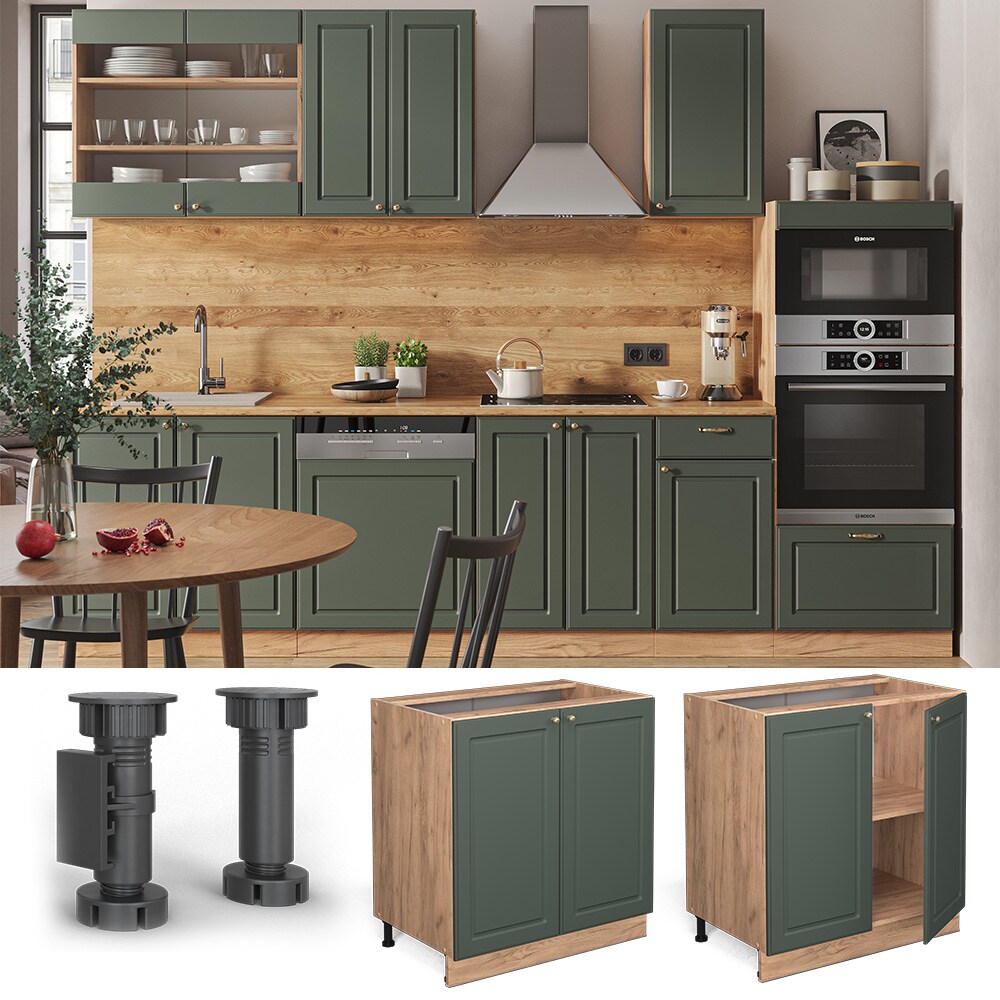 Vicco Unterschrank Küchenschrank Küchenmöbel Fame-Line Eiche Grün-Gold Landhaus 80 cm Küche Einbauküche Drehtür Einlegeboden Blende Küchenzeile