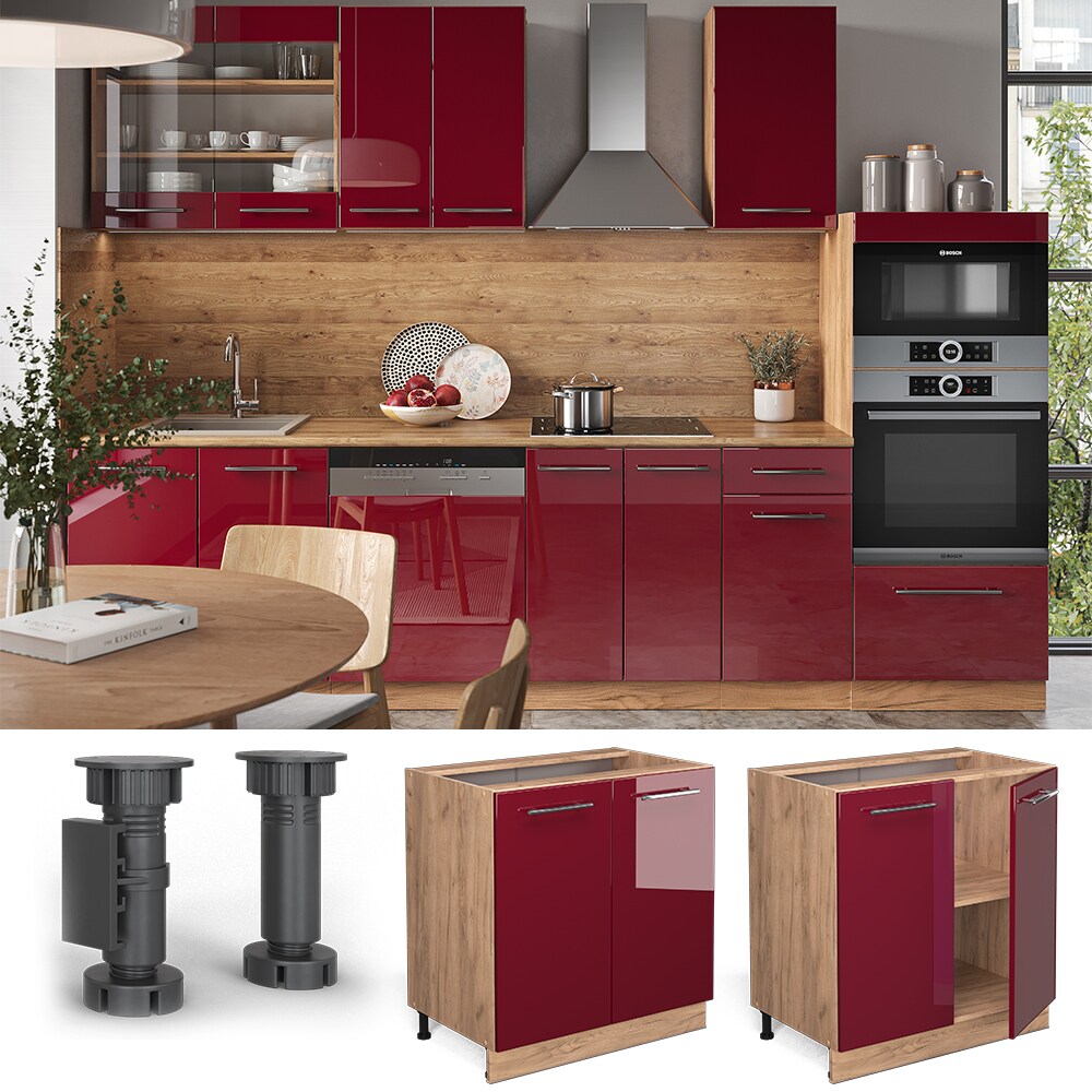 Vicco Unterschrank K&uuml;chenschrank K&uuml;chenm&ouml;bel Fame-Line Eiche Rot Bordeaux modern 80 cm K&uuml;che Einbauk&uuml;che Dreht&uuml;r Einlegeboden Blende K&uuml;chenzeile Hochglanz - Bild 1