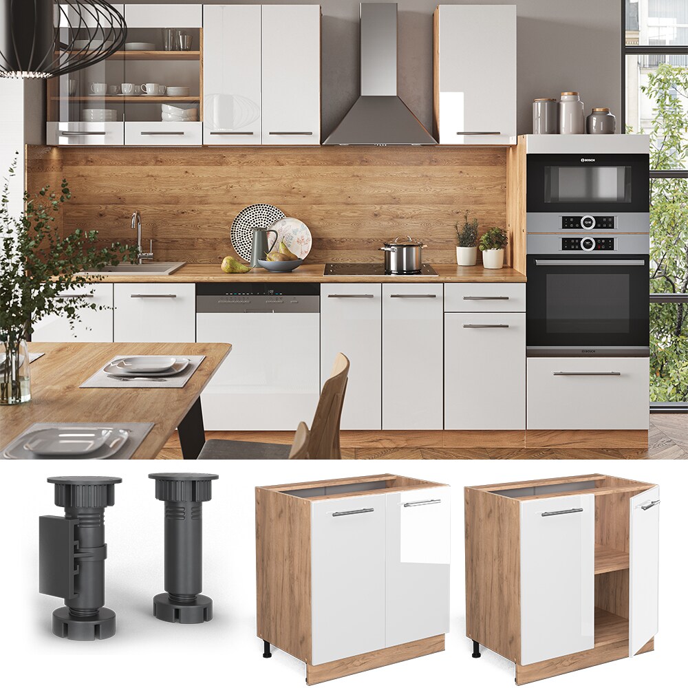 Vicco Unterschrank Küchenschrank Küchenmöbel Fame-Line Eiche Weiß modern 80 cm Küche Einbauküche Drehtür Einlegeboden Blende Küchenzeile Hochglanz