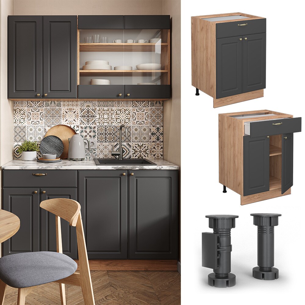 Vicco Schubunterschrank K&uuml;chenschrank K&uuml;chenm&ouml;bel Fame-Line Eiche Anthrazit-Gold Landhaus 60 cm K&uuml;che Einbauk&uuml;che Dreht&uuml;r Schublade Einlegeboden Blende K&uuml;chenzeile - Bild 1