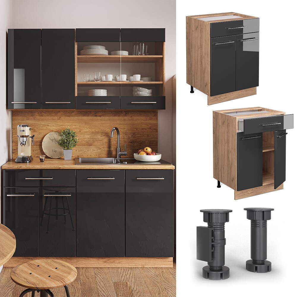 Vicco Schubunterschrank K&uuml;chenschrank K&uuml;chenm&ouml;bel Fame-Line Eiche Anthrazit modern 60 cm K&uuml;che Einbauk&uuml;che Dreht&uuml;r Schublade Einlegeboden Blende K&uuml;chenzeile Hochglanz - Bild 1