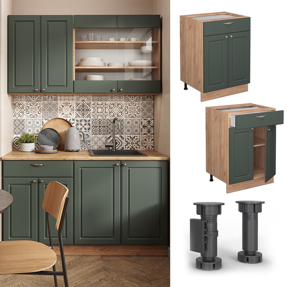 Vicco Schubunterschrank Küchenschrank Küchenmöbel Fame-Line Eiche Grün-Gold Landhaus 60 cm Küche Einbauküche Drehtür Schublade Einlegeboden Blende Küchenzeile