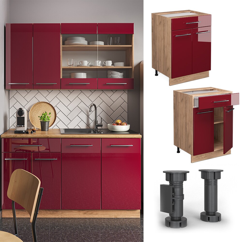 Vicco Schubunterschrank Küchenschrank Küchenmöbel Fame-Line Eiche Rot Bordeaux modern 60 cm Küche Einbauküche Drehtür Schublade Einlegeboden Blende Küchenzeile Hochglanz