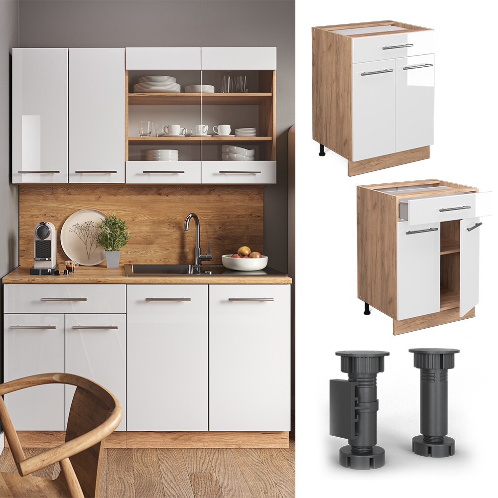 Vicco Schubunterschrank Küchenschrank Küchenmöbel Fame-Line Eiche Weiß modern 60 cm Küche Einbauküche Drehtür Schublade Einlegeboden Blende Küchenzeile Hochglanz