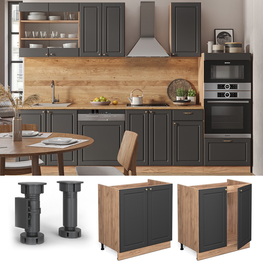 Vicco Spülenunterschrank Küchenschrank Küchenmöbel Fame-Line Eiche Anthrazit-Gold Landhaus 80 cm Küche Einbauküche Drehtür Siphonausschnitt Blende Küchenzeile