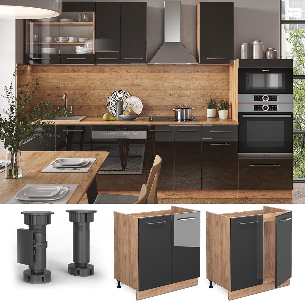 Vicco Spülenunterschrank Küchenschrank Küchenmöbel Fame-Line Eiche Anthrazit modern 80 cm Küche Einbauküche Drehtür Siphonausschnitt Blende Küchenzeile Hochglanz