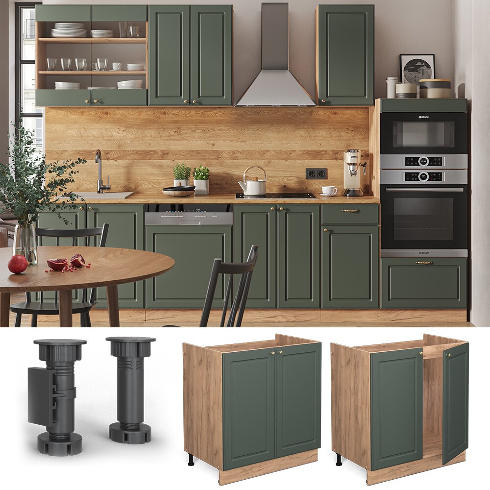 Vicco Spülenunterschrank Küchenschrank Küchenmöbel Fame-Line Eiche Grün-Gold Landhaus 80 cm Küche Einbauküche Drehtür Siphonausschnitt Blende Küchenzeile