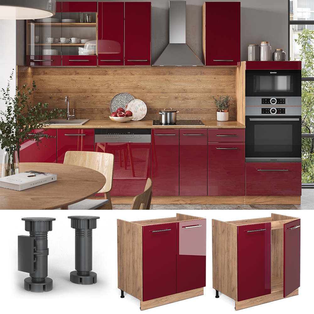 Vicco Sp&uuml;lenunterschrank K&uuml;chenschrank K&uuml;chenm&ouml;bel Fame-Line Eiche Rot Bordeaux modern 80 cm K&uuml;che Einbauk&uuml;che Dreht&uuml;r Siphonausschnitt Blende K&uuml;chenzeile Hochglanz - Bild 1