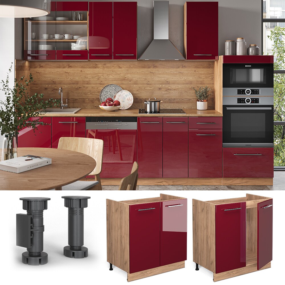 Vicco Spülenunterschrank Küchenschrank Küchenmöbel Fame-Line Eiche Rot Bordeaux modern 80 cm Küche Einbauküche Drehtür Siphonausschnitt Blende Küchenzeile Hochglanz