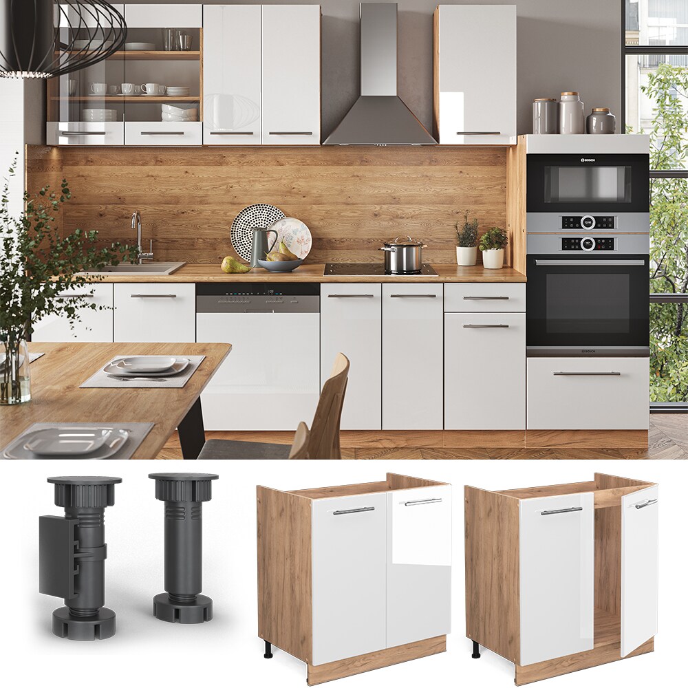 Vicco Spülenunterschrank Küchenschrank Küchenmöbel Fame-Line Eiche Weiß modern 80 cm Küche Einbauküche Drehtür Siphonausschnitt Blende Küchenzeile Hochglanz