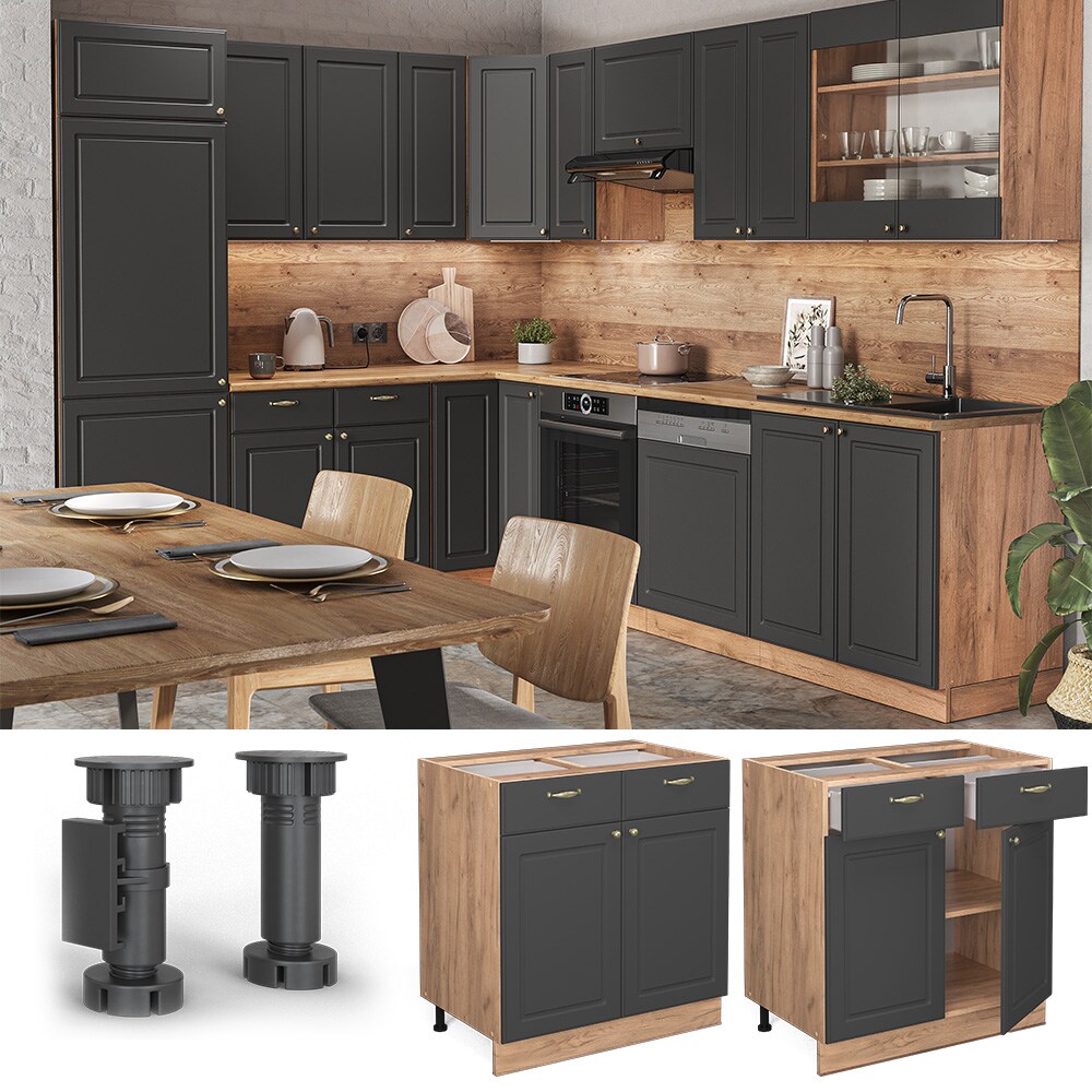 Vicco Schubunterschrank Küchenschrank Küchenmöbel Fame-Line Eiche Anthrazit-Gold Landhaus 80 cm Küche Einbauküche Drehtür Schublade Einlegeboden Blende Küchenzeile