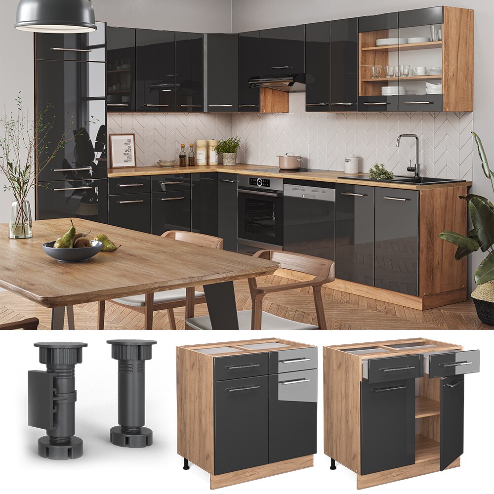 Vicco Schubunterschrank Küchenschrank Küchenmöbel Fame-Line Eiche Anthrazit modern 80 cm Küche Einbauküche Drehtür Schublade Einlegeboden Blende Küchenzeile Hochglanz