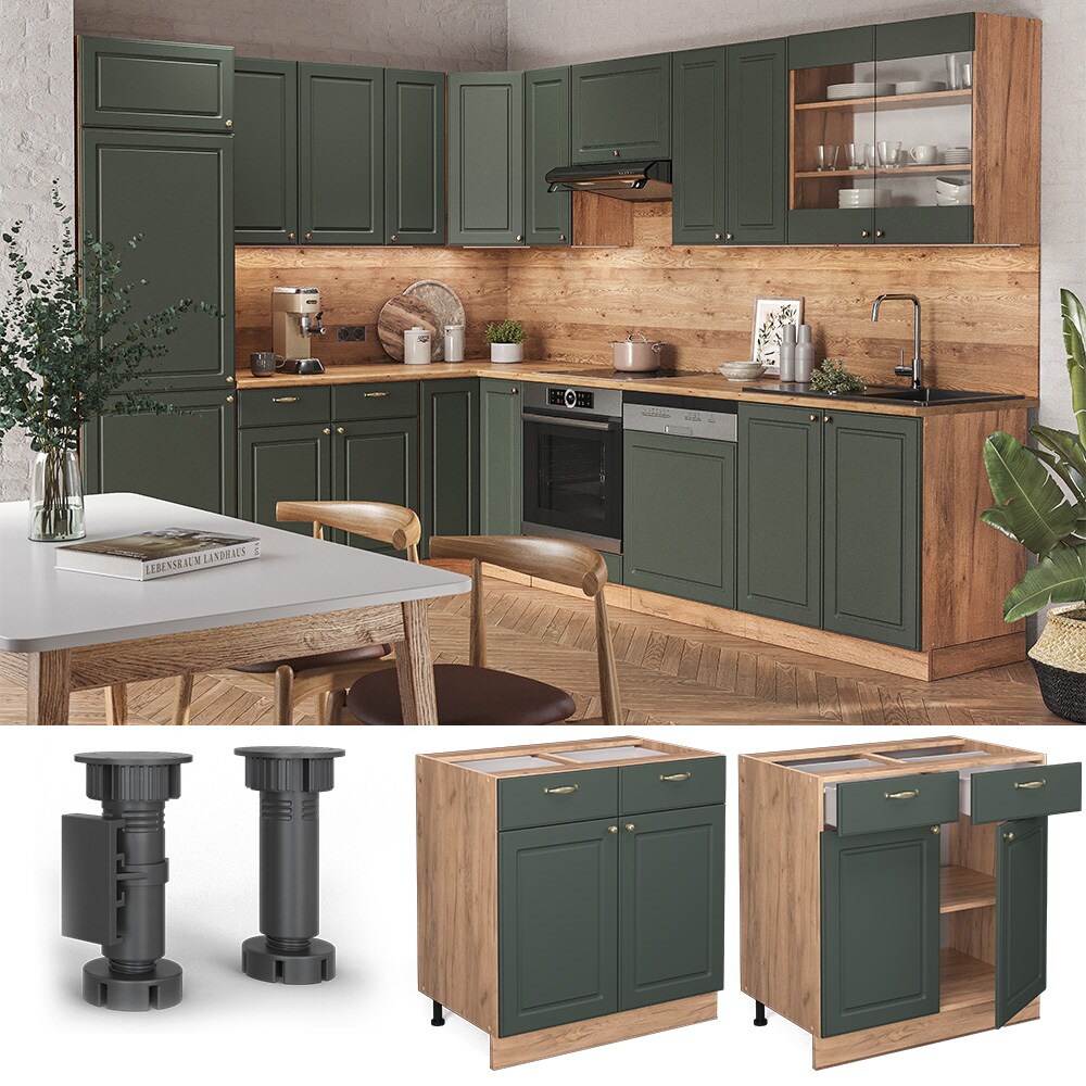 Vicco Schubunterschrank Küchenschrank Küchenmöbel Fame-Line Eiche Grün-Gold Landhaus 80 cm Küche Einbauküche Drehtür Schublade Einlegeboden Blende Küchenzeile