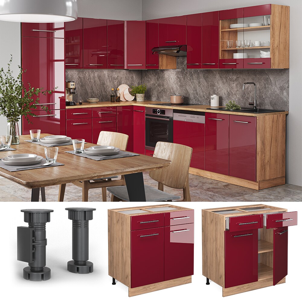 Vicco Schubunterschrank Küchenschrank Küchenmöbel Fame-Line Eiche Rot Bordeaux modern 80 cm Küche Einbauküche Drehtür Schublade Einlegeboden Blende Küchenzeile Hochglanz