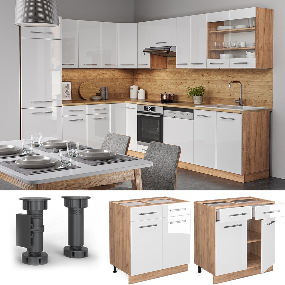 Vicco Schubunterschrank Küchenschrank Küchenmöbel Fame-Line Eiche Weiß modern 80 cm Küche Einbauküche Drehtür Schublade Einlegeboden Blende Küchenzeile Hochglanz