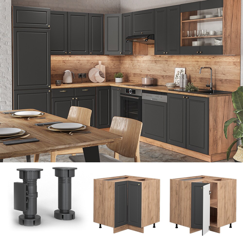 Vicco Eckunterschrank Küchenschrank Küchenmöbel Fame-Line Eiche Anthrazit-Gold Landhaus 87 cm Küche Eckküche Einbauküche Doppel-Drehtür Einlegeboden Blende Küchenzeile