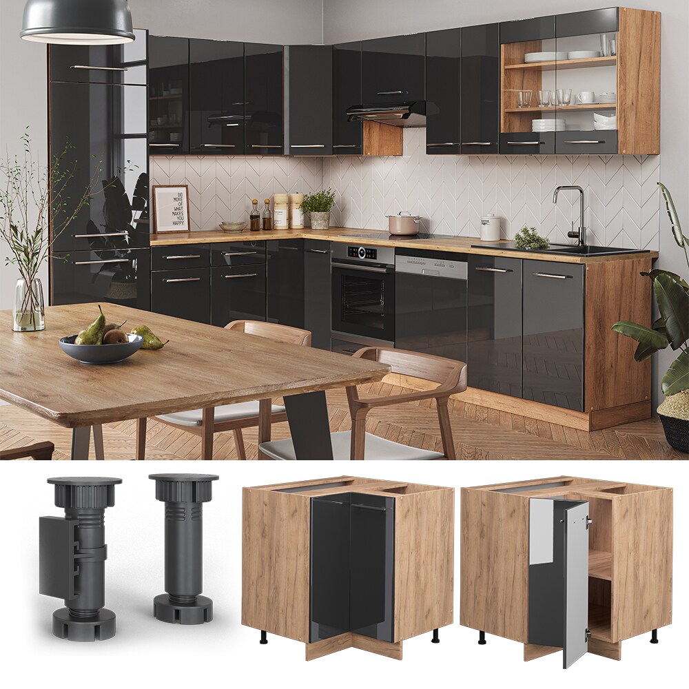 Vicco Eckunterschrank Küchenschrank Küchenmöbel Fame-Line Eiche Anthrazit modern 87 cm Küche Eckküche Einbauküche Doppel-Drehtür Einlegeboden Blende Küchenzeile Hochglanz