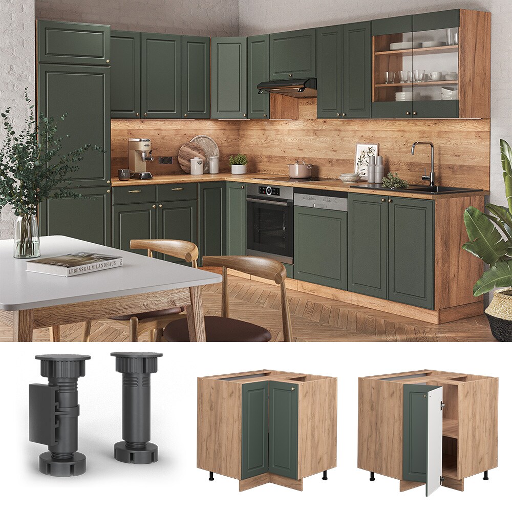 Vicco Eckunterschrank Küchenschrank Küchenmöbel Fame-Line Eiche Grün-Gold Landhaus 87 cm Küche Eckküche Einbauküche Doppel-Drehtür Einlegeboden Blende Küchenzeile