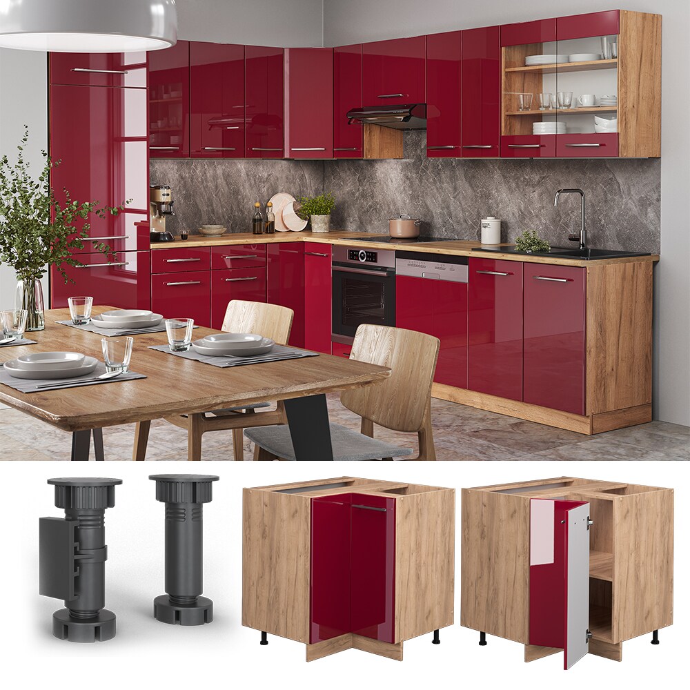 Vicco Eckunterschrank Küchenschrank Küchenmöbel Fame-Line Eiche Rot Bordeaux modern 87 cm Küche Eckküche Einbauküche Doppel-Drehtür Einlegeboden Blende Küchenzeile Hochglanz