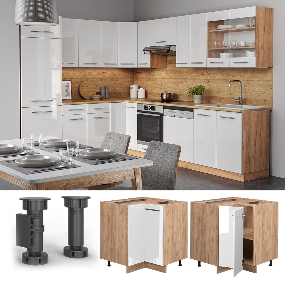 Vicco Eckunterschrank Küchenschrank Küchenmöbel Fame-Line Eiche Weiß modern 87 cm Küche Eckküche Einbauküche Doppel-Drehtür Einlegeboden Blende Küchenzeile Hochglanz