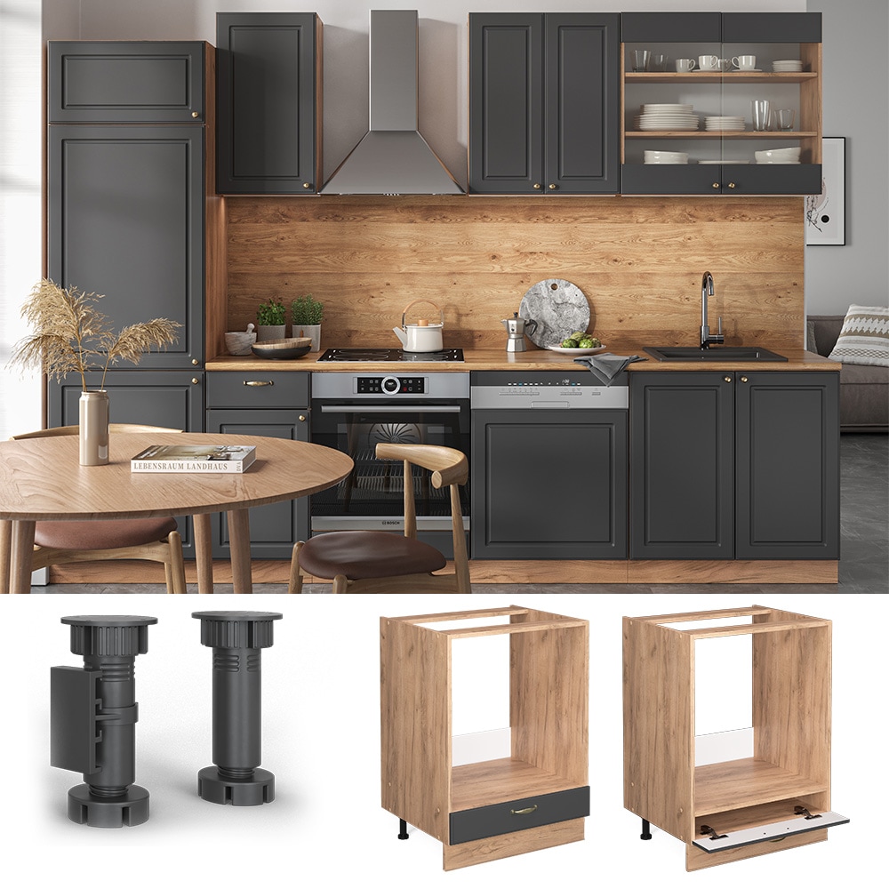 Vicco Herdumbauschrank K&uuml;chenschrank K&uuml;chenm&ouml;bel Fame-Line Eiche Anthrazit-Gold Landhaus 60 cm K&uuml;che Einbauk&uuml;che Blende Herdschrank K&uuml;chenzeile - Bild 1
