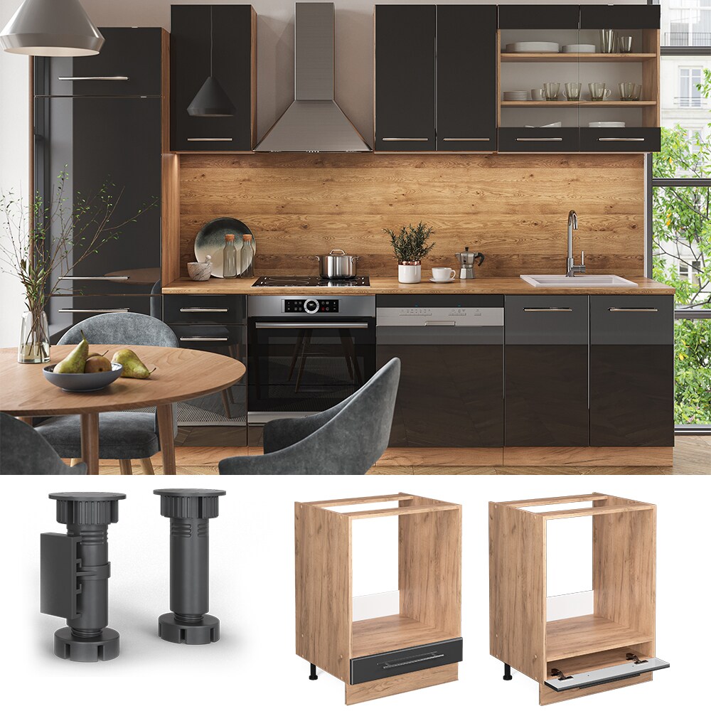 Vicco Herdumbauschrank Küchenschrank Küchenmöbel Fame-Line Eiche Anthrazit modern 60 cm Küche Einbauküche Blende Herdschrank Küchenzeile Hochglanz