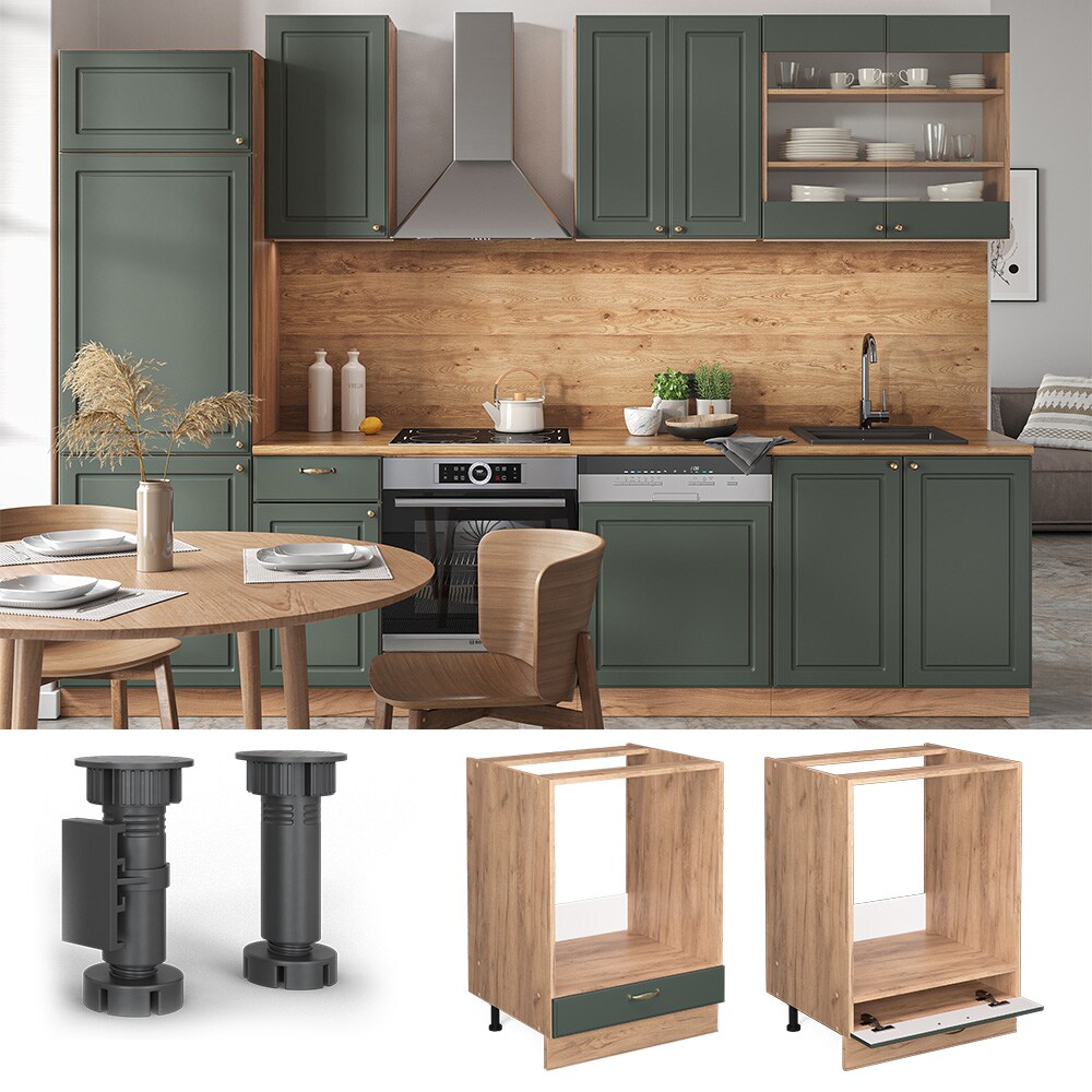 Vicco Herdumbauschrank Küchenschrank Küchenmöbel Fame-Line Eiche Grün-Gold Landhaus 60 cm Küche Einbauküche Blende Herdschrank Küchenzeile