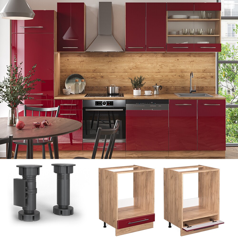 Vicco Herdumbauschrank Küchenschrank Küchenmöbel Fame-Line Eiche Rot Bordeaux modern 60 cm Küche Einbauküche Blende Herdschrank Küchenzeile Hochglanz