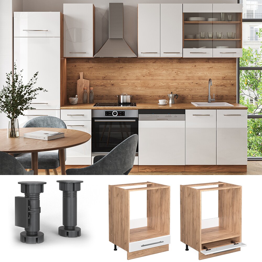 Vicco Herdumbauschrank Küchenschrank Küchenmöbel Fame-Line Eiche Weiß modern 60 cm Küche Einbauküche Blende Herdschrank Küchenzeile Hochglanz