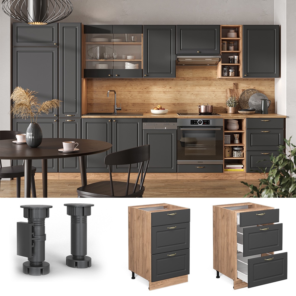 Vicco Schubunterschrank K&uuml;chenschrank K&uuml;chenm&ouml;bel Fame-Line Eiche Anthrazit-Gold Landhaus 50 cm K&uuml;che Einbauk&uuml;che Dreht&uuml;r Blende K&uuml;chenzeile - Bild 1