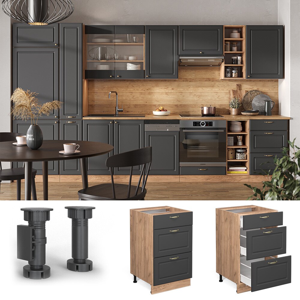 Vicco Schubunterschrank Küchenschrank Küchenmöbel Fame-Line Eiche Anthrazit-Gold Landhaus 50 cm Küche Einbauküche Drehtür Blende Küchenzeile