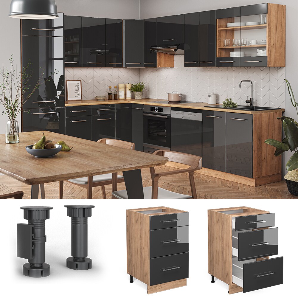 Vicco Schubunterschrank Küchenschrank Küchenmöbel Fame-Line Eiche Anthrazit modern 50 cm Küche Einbauküche Drehtür Blende Küchenzeile Hochglanz