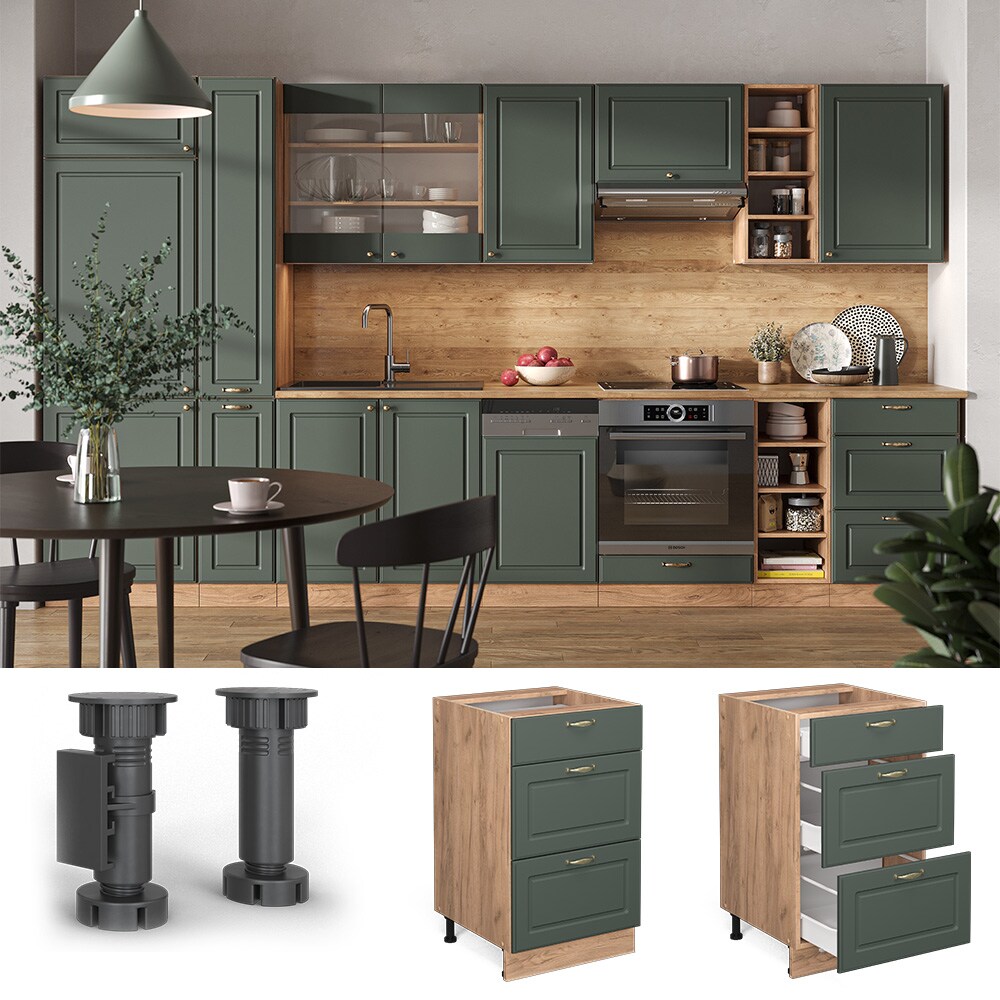 Vicco Schubunterschrank Küchenschrank Küchenmöbel Fame-Line Eiche Grün-Gold Landhaus 50 cm Küche Einbauküche Drehtür Blende Küchenzeile