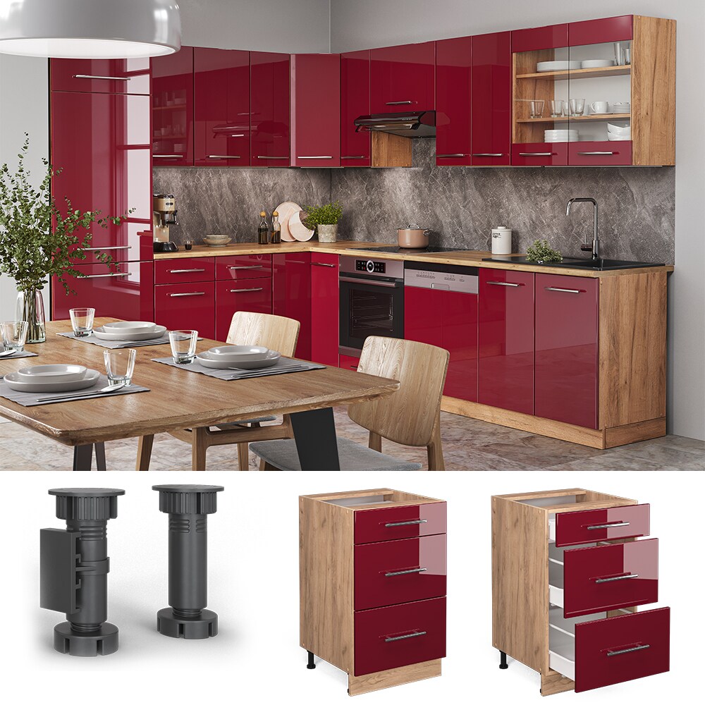Vicco Schubunterschrank Küchenschrank Küchenmöbel Fame-Line Eiche Rot Bordeaux modern 50 cm Küche Einbauküche Drehtür Blende Küchenzeile Hochglanz