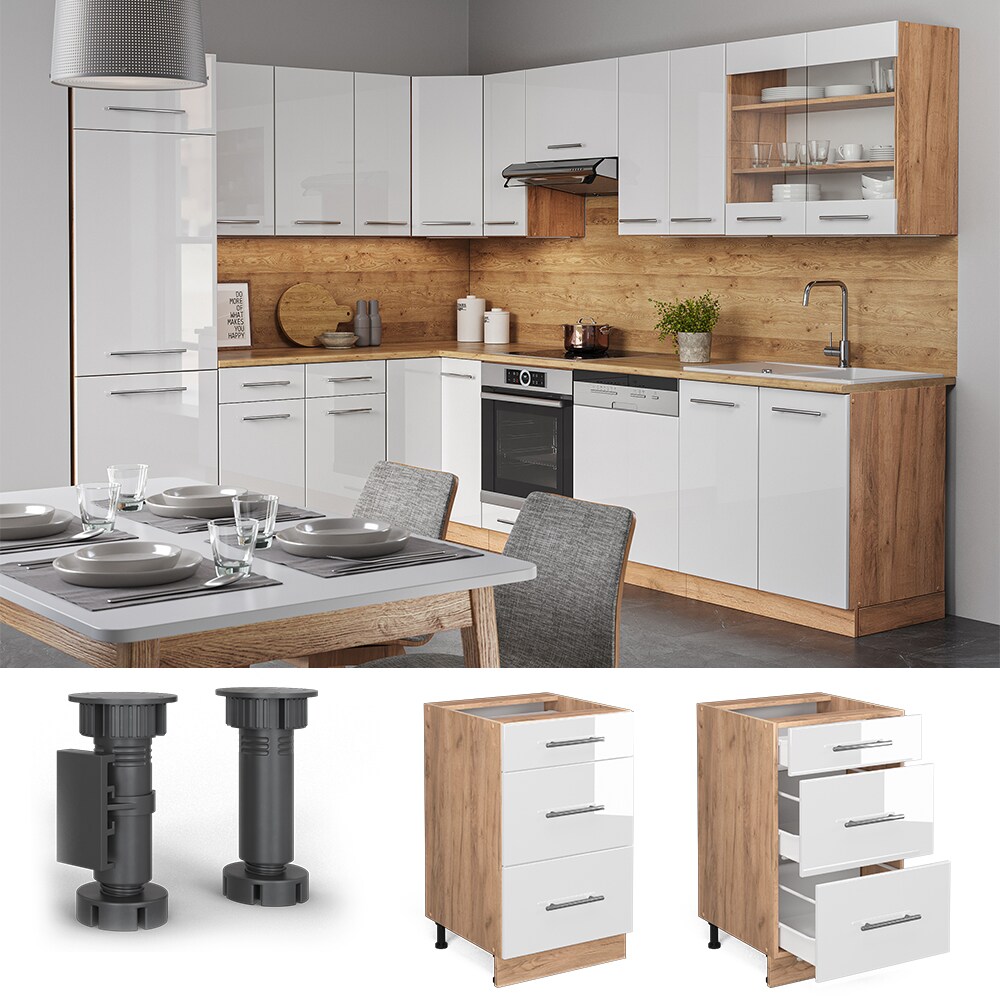 Vicco Schubunterschrank Küchenschrank Küchenmöbel Fame-Line Eiche Weiß modern 50 cm Küche Einbauküche Drehtür Blende Küchenzeile Hochglanz