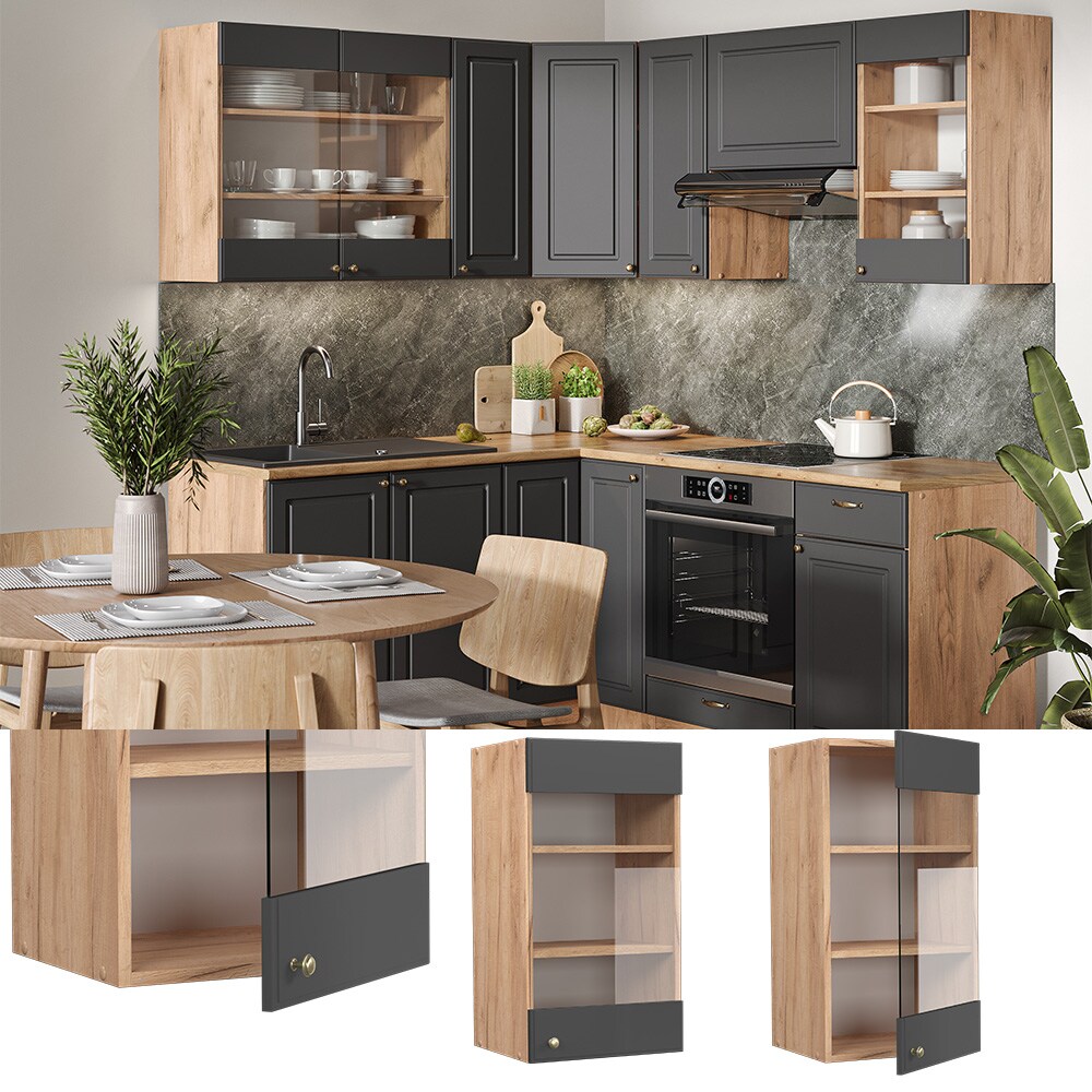 Vicco Hängeglasschrank Küchenschrank Küchenmöbel Fame-Line Eiche Anthrazit-Gold Landhaus 40 cm Küche Einbauküche Hängeschrank Glasschrank Drehtür Einlegeboden Küchenzeile