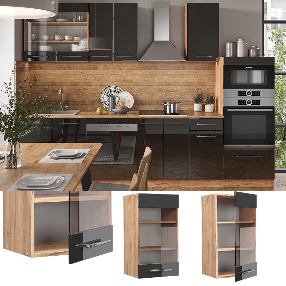 Vicco Hängeglasschrank Küchenschrank Küchenmöbel Fame-Line Eiche Anthrazit modern 40 cm Küche Einbauküche Hängeschrank Glasschrank Drehtür Einlegeboden Küchenzeile Hochglanz