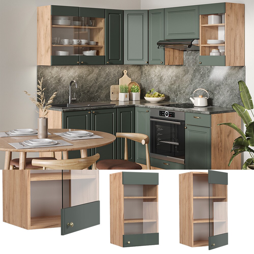 Vicco H&auml;ngeglasschrank K&uuml;chenschrank K&uuml;chenm&ouml;bel Fame-Line Eiche Gr&uuml;n-Gold Landhaus 40 cm K&uuml;che Einbauk&uuml;che H&auml;ngeschrank Glasschrank Dreht&uuml;r Einlegeboden K&uuml;chenzeile - Bild 1