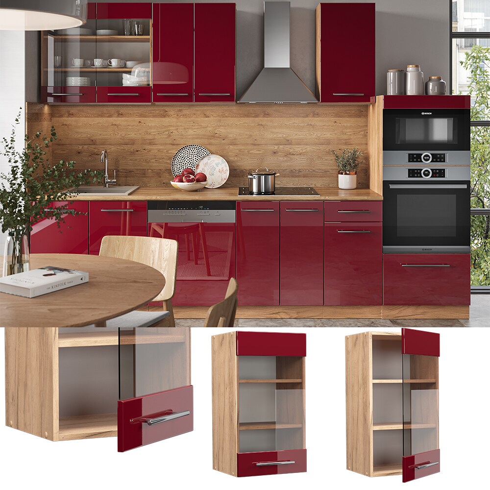 Vicco Hängeglasschrank Küchenschrank Küchenmöbel Fame-Line Eiche Rot Bordeaux modern 40 cm Küche Einbauküche Hängeschrank Glasschrank Drehtür Einlegeboden Küchenzeile Hochglanz