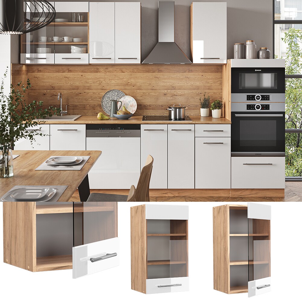 Vicco Hängeglasschrank Küchenschrank Küchenmöbel Fame-Line Eiche Weiß modern 40 cm Küche Einbauküche Hängeschrank Glasschrank Drehtür Einlegeboden Küchenzeile Hochglanz