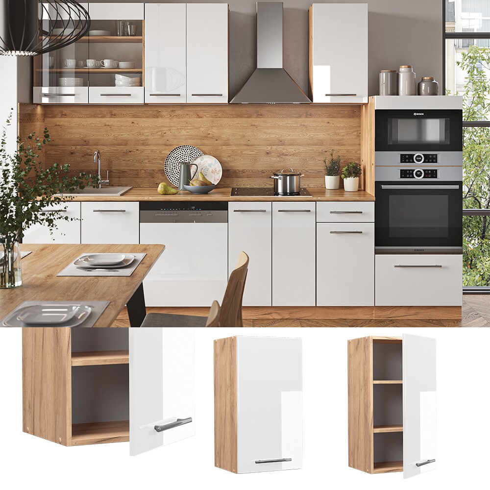 Vicco Hängeschrank Küchenschrank Küchenmöbel Fame-Line Eiche Weiß modern 40 cm Küche Einbauküche Hängeschrank Drehtür Einlegeboden Küchenzeile Hochglanz