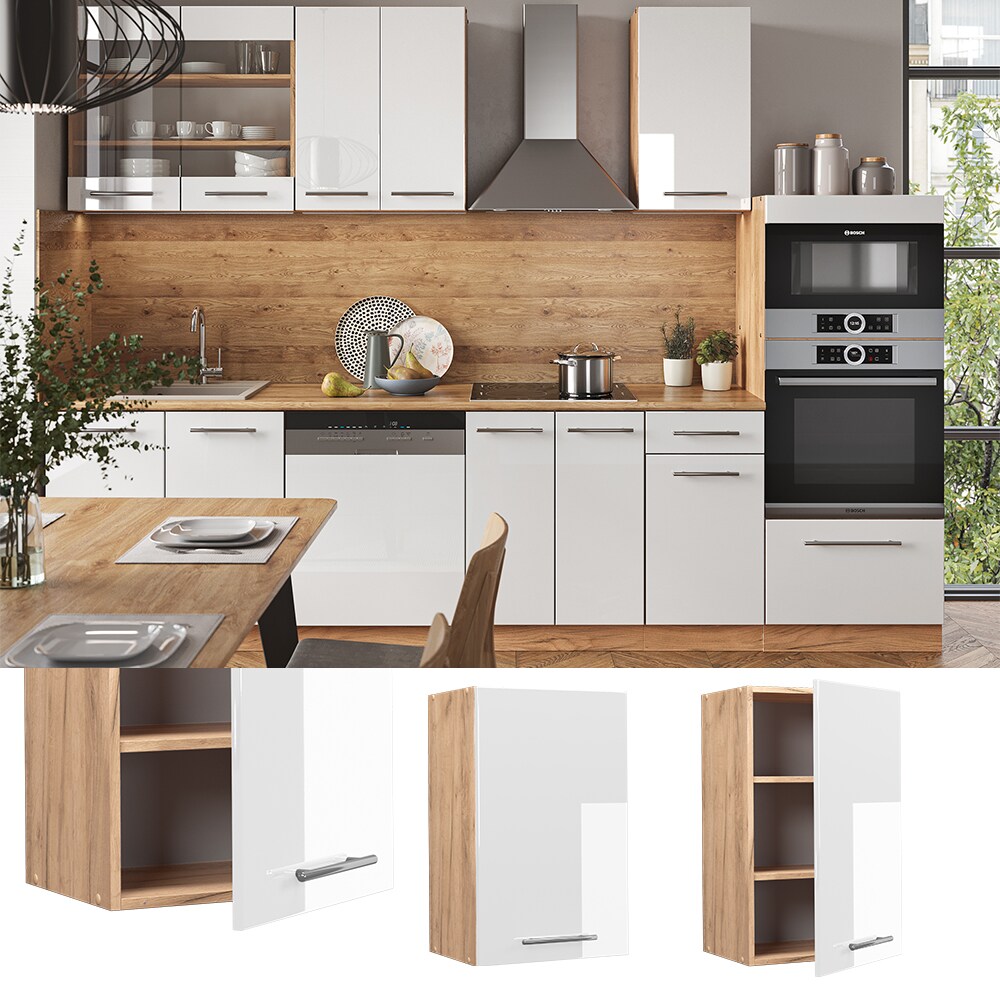 Vicco Hängeschrank Küchenschrank Küchenmöbel Fame-Line Eiche Weiß modern 45 cm Küche Einbauküche Hängeschrank Drehtür Einlegeboden Küchenzeile Hochglanz