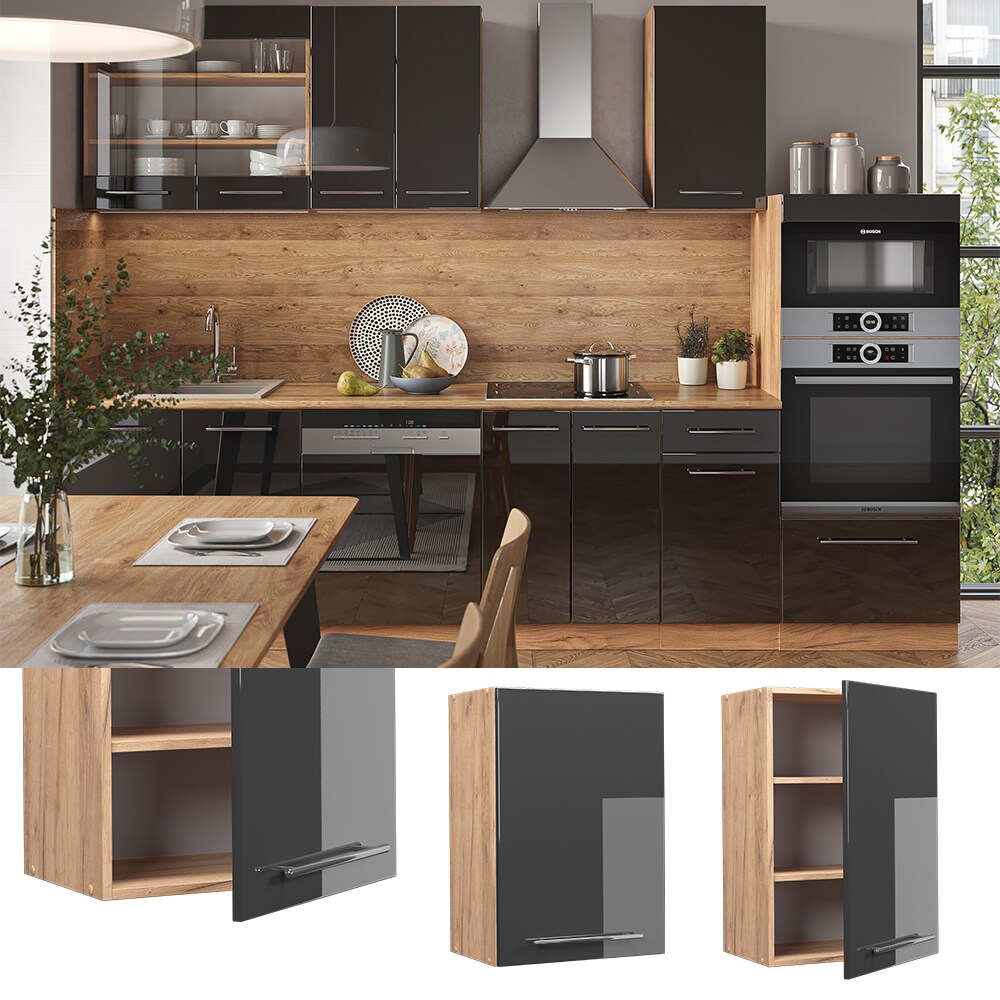 Vicco H&auml;ngeschrank K&uuml;chenschrank K&uuml;chenm&ouml;bel Fame-Line Eiche Anthrazit modern 50 cm K&uuml;che Einbauk&uuml;che H&auml;ngeschrank Dreht&uuml;r Einlegeboden K&uuml;chenzeile Hochglanz - Bild 1