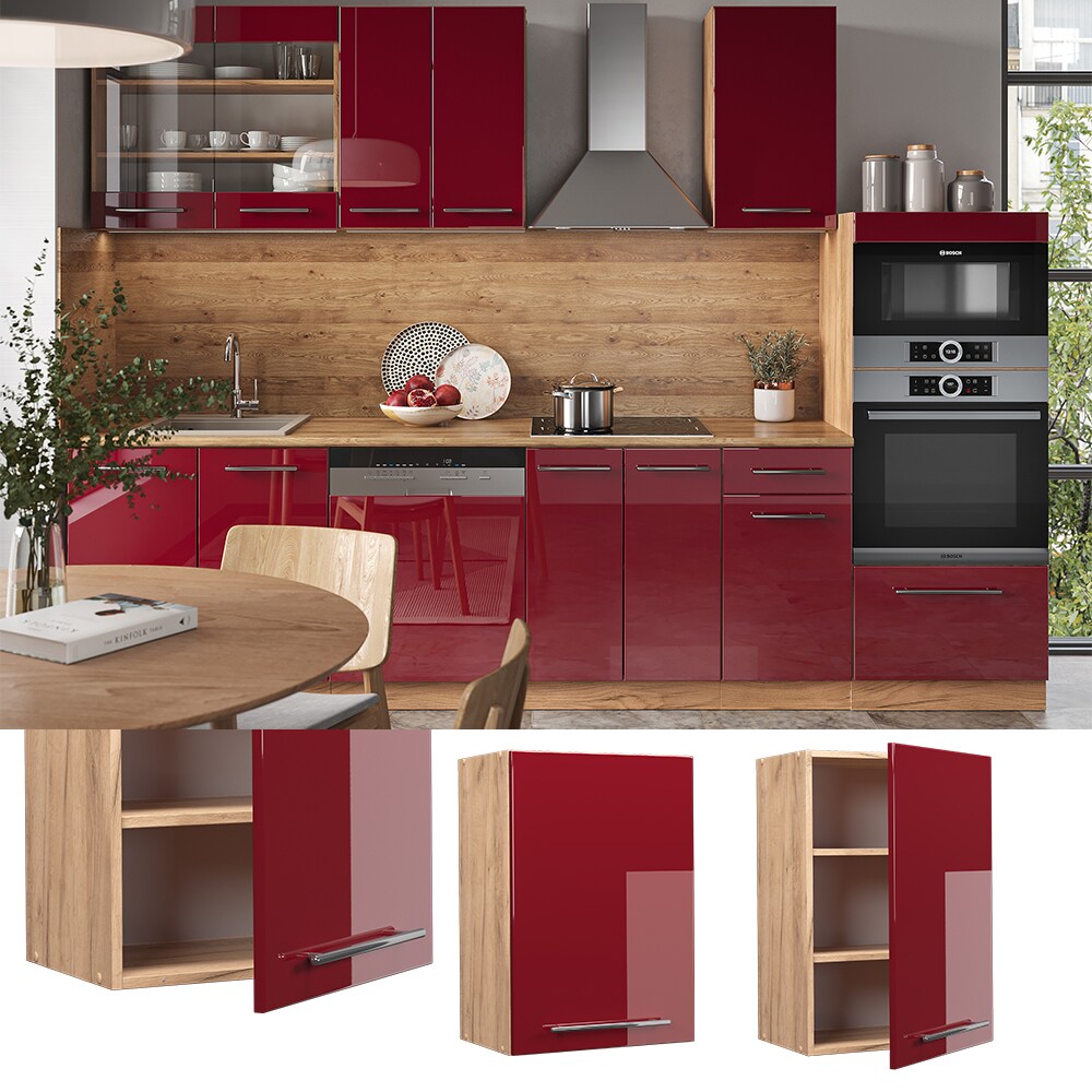 Vicco Hängeschrank Küchenschrank Küchenmöbel Fame-Line Eiche Rot Bordeaux modern 50 cm Küche Einbauküche Hängeschrank Drehtür Einlegeboden Küchenzeile Hochglanz