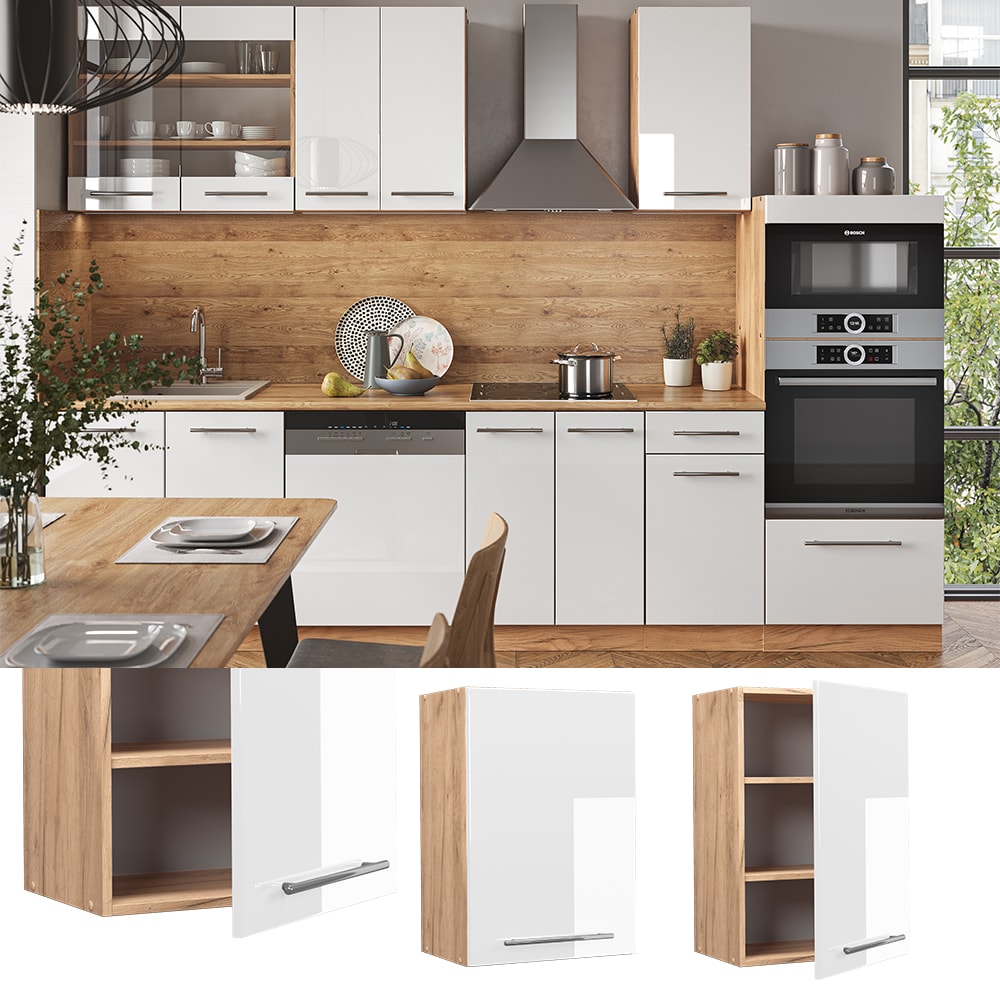 Vicco H&auml;ngeschrank K&uuml;chenschrank K&uuml;chenm&ouml;bel Fame-Line Eiche Wei&szlig; modern 50 cm K&uuml;che Einbauk&uuml;che H&auml;ngeschrank Dreht&uuml;r Einlegeboden K&uuml;chenzeile Hochglanz - Bild 1