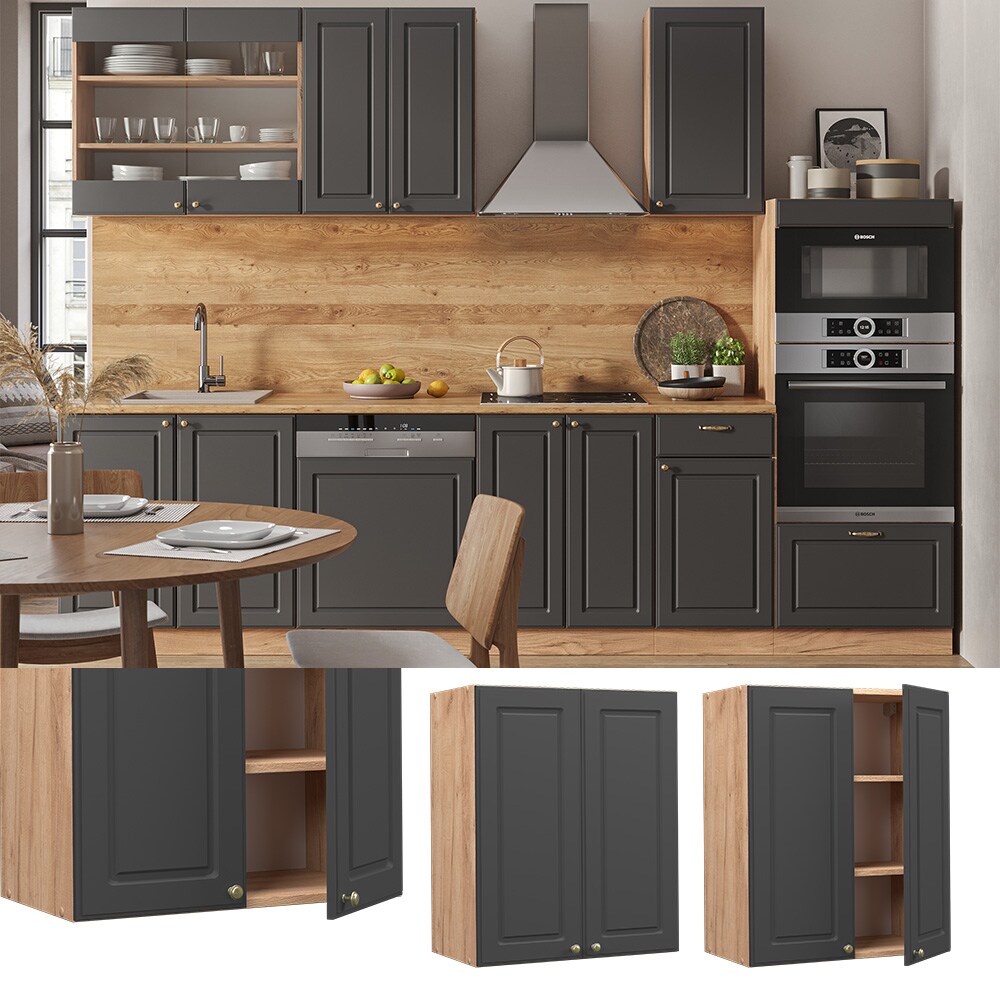 Vicco Hängeschrank Küchenschrank Küchenmöbel Fame-Line Eiche Anthrazit-Gold Landhaus 60 cm Küche Einbauküche Hängeschrank Drehtür Einlegeboden Küchenzeile