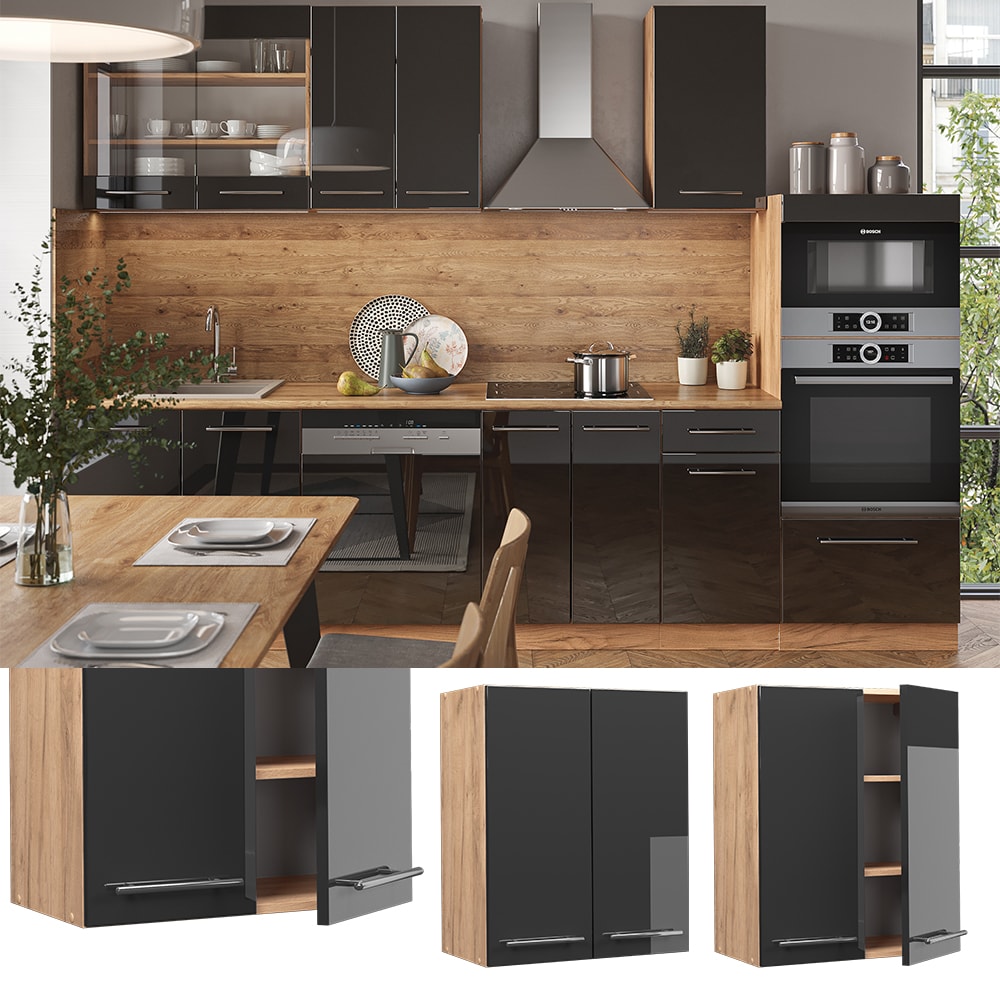 Vicco H&auml;ngeschrank K&uuml;chenschrank K&uuml;chenm&ouml;bel Fame-Line Eiche Anthrazit modern 60 cm K&uuml;che Einbauk&uuml;che H&auml;ngeschrank Dreht&uuml;r Einlegeboden K&uuml;chenzeile Hochglanz - Bild 1