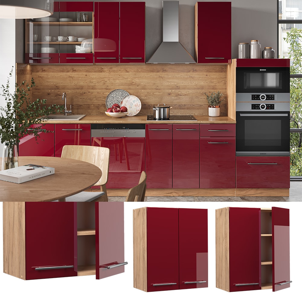 Vicco H&auml;ngeschrank K&uuml;chenschrank K&uuml;chenm&ouml;bel Fame-Line Eiche Rot Bordeaux modern 60 cm K&uuml;che Einbauk&uuml;che H&auml;ngeschrank Dreht&uuml;r Einlegeboden K&uuml;chenzeile Hochglanz - Bild 1