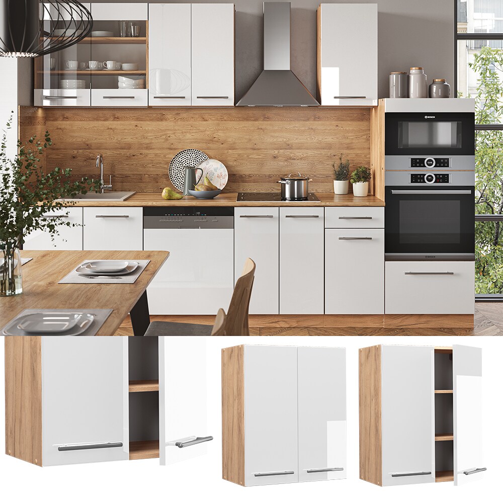 Vicco Hängeschrank Küchenschrank Küchenmöbel Fame-Line Eiche Weiß modern 60 cm Küche Einbauküche Hängeschrank Drehtür Einlegeboden Küchenzeile Hochglanz
